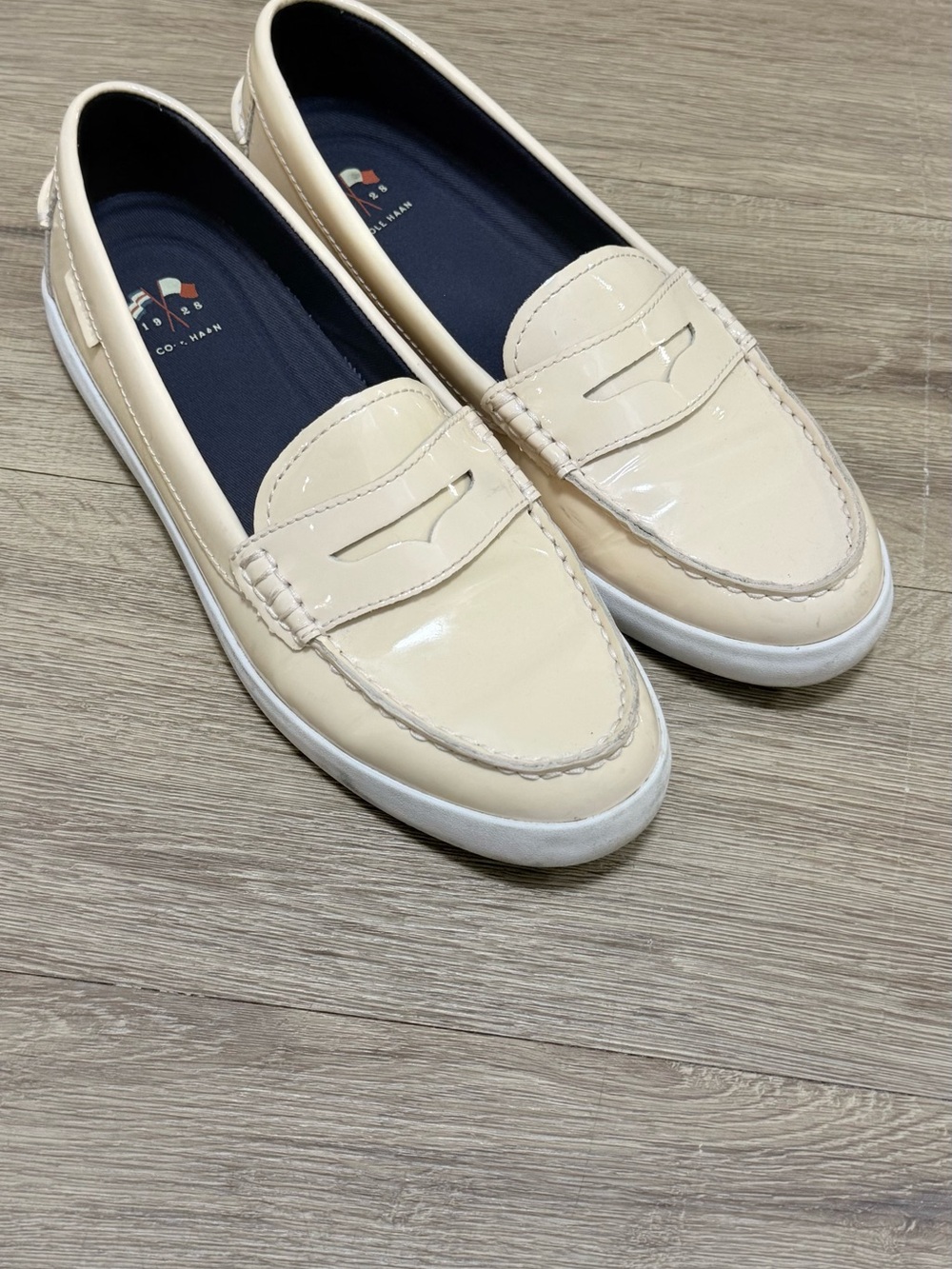 Cole Haan Cream Patent Leather Penny Loafers